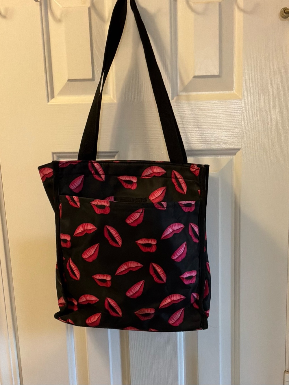 Black Tote Bag with Pink Lip Print - Women's Shoulder Bag